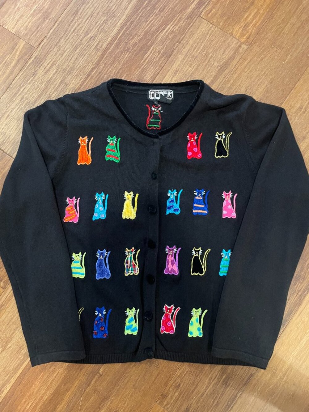 Berek Cardigan Sweater Cat Motif Black Cotton Blend Petite Large Vintage